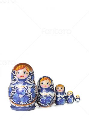 Blue Russian traditional wooden doll in line