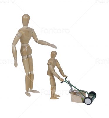 Adult Supervising Child using Push Style Lawn Mower