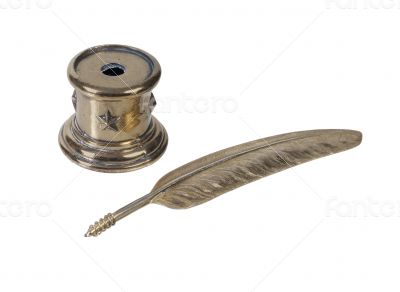 Metal Feathered Pen Next to Holder