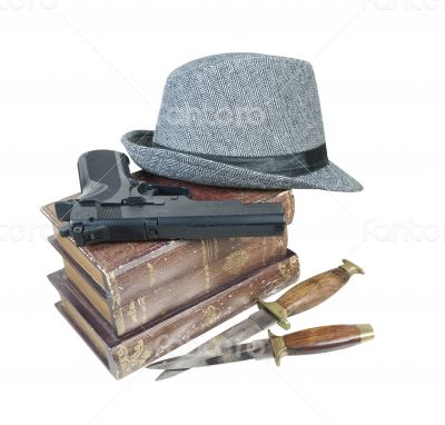 Murder Mystery Books Gun Knives Hat