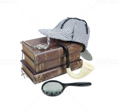 Mystery Books with Hat, Magnifier, Pipe and Pocket Watch