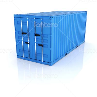Bright blue metal freight shipping container on white background