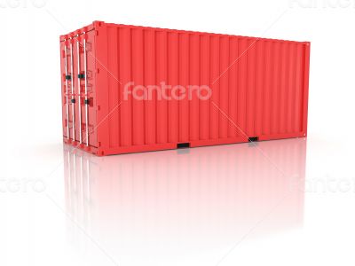 Bright red metal freight shipping container on white