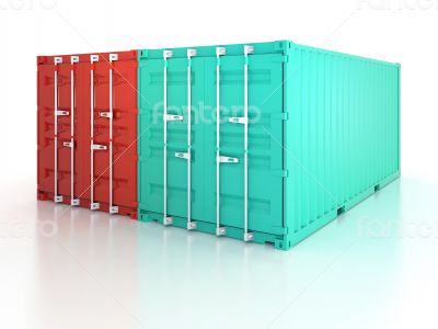Bright red and blue metal freight shipping containers on white b