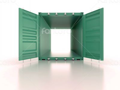 Bright green open empty metal shipping container on white backgr