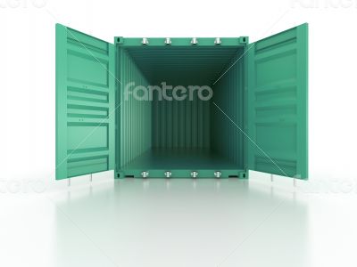 Bright green metal open freight shipping containers on white bac