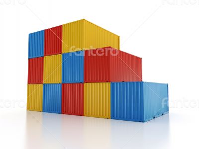 stacked shipping containers on white background