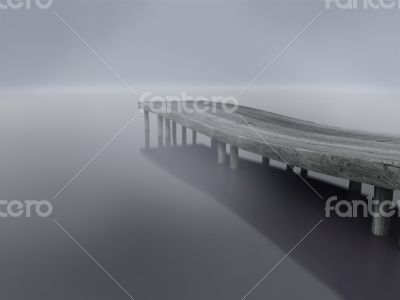Lake dock ,wooden Pier into the fog 