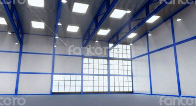 Interior of a empty warehouse with blue colour construction