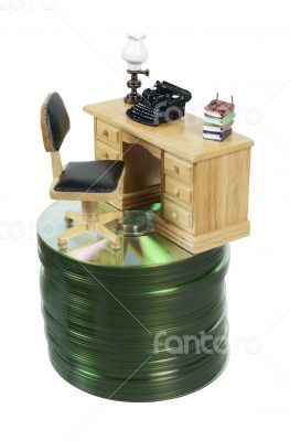 Desk with Typewriter on Stack of Disks
