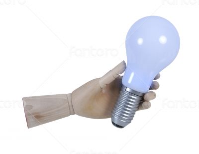 Wooden Hand Holding Lightbulb
