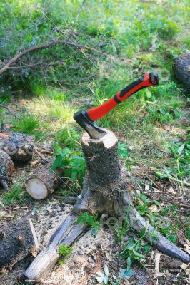 Axe cutting fire wood on  stub