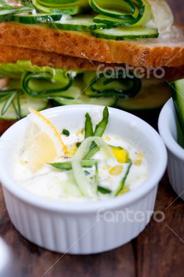 fresh vegetarian sandwich with garlic cheese dip salad