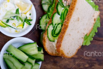 fresh vegetarian sandwich with garlic cheese dip salad