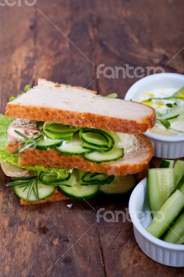 fresh vegetarian sandwich with garlic cheese dip salad