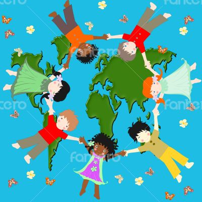 Children of different races, flying in a circle 