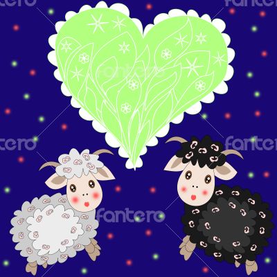 Christmas card with cute sheep and heart 