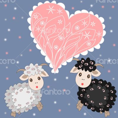 Christmas card with cute sheep and heart 