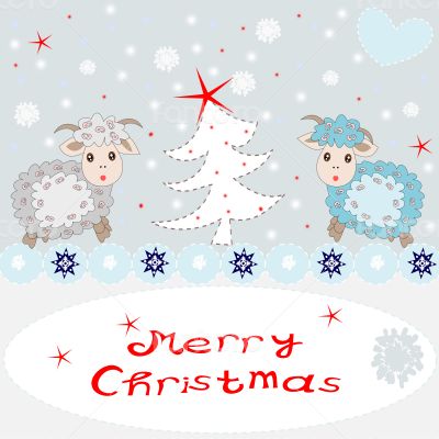 Holiday card with cute sheep and congratulations