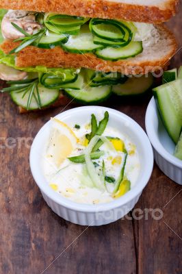 fresh vegetarian sandwich with garlic cheese dip salad