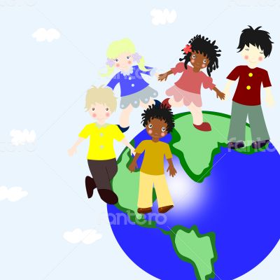 Children of different races on a green planet