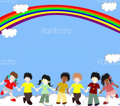 Children of different races are in the clouds 