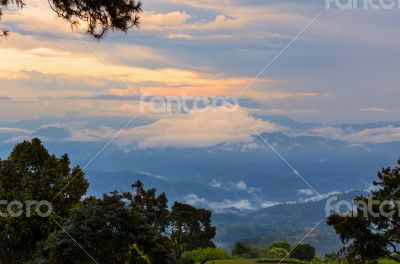 Sunset high mountain range view