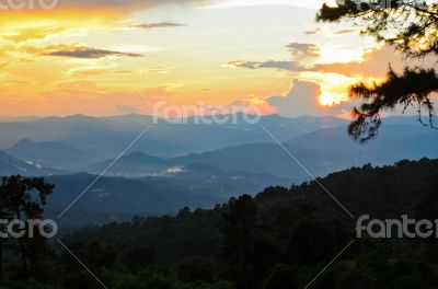 Sunset over high mountain range