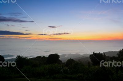 Landscape sea of mist on sunrise view from high mountain Landscape sea of mist on sunrise view from high mountain