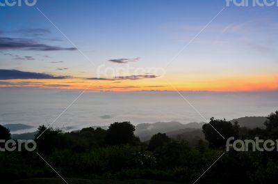 Landscape sea of mist on sunrise view from high mountain