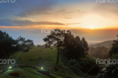 Landscape sea of mist on sunrise view from high mountain