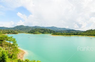 Scenic point of green lake at Ratchaprapha Dam