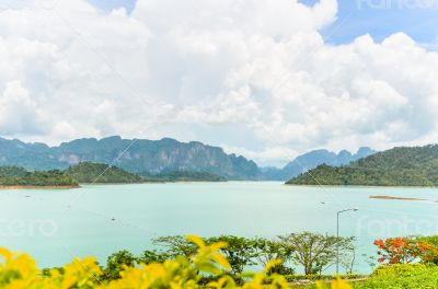 Scenic point of green lake at Ratchaprapha Dam