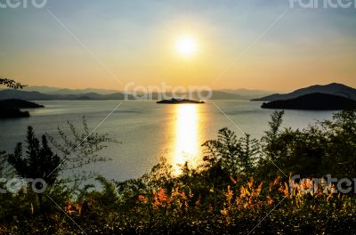 Landscape of the lake at sunset.