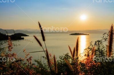 High angle view beautiful lake at sunset