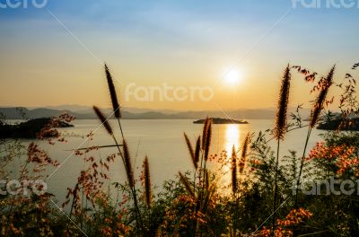 High angle view beautiful lake at sunset