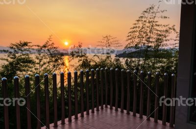 High angle view beautiful lake at sunset from resort