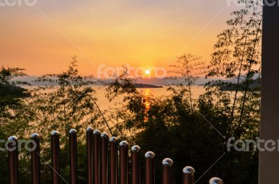 High angle view beautiful lake at sunset from resort