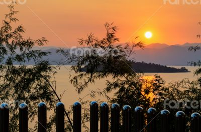 High angle view beautiful lake at sunset from resort