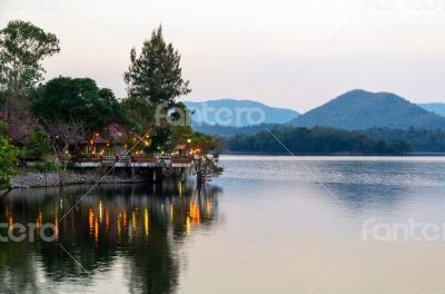 Waterfront restaurants in the evening.