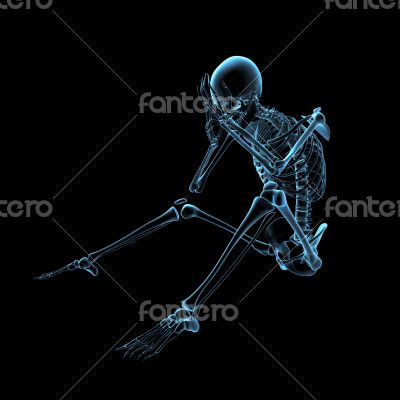 3d rendered blue skeleton of a sitting