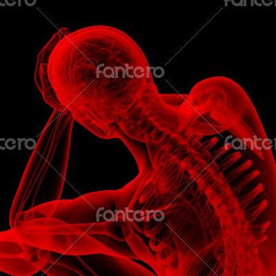 3d render red skeleton of a sitting