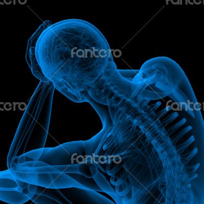 3d render blue skeleton of a sitting