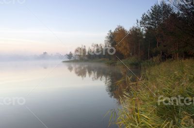 Foggy morning landscape in the autumn park near the lake. Vintag