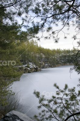 Snow covered stone quarry in the winter