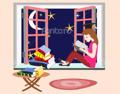 Girl student studying at night sitting 
