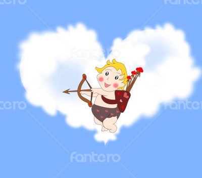 Playful funny cupid with arrows in the sky 