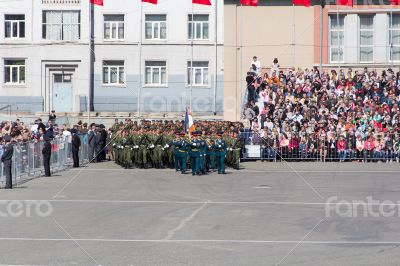 Russian soldiers march at the parade