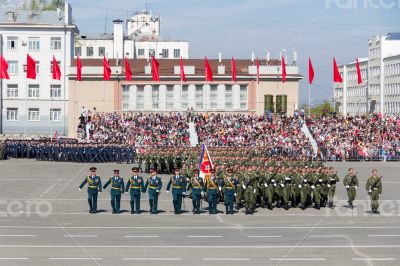 Russian soldiers march at the parade