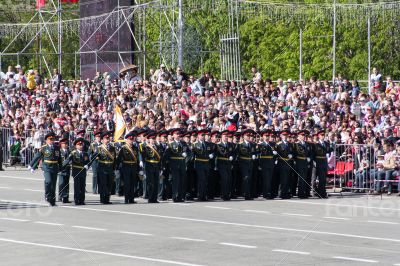 Russian soldiers march at the parade